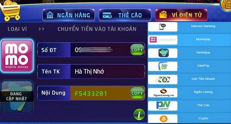 nạp qua ví nhanh chóng