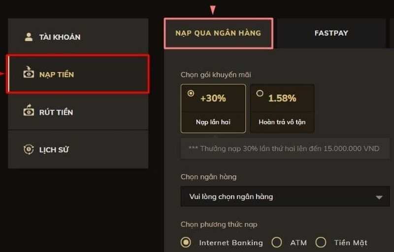 nạp tiền bom79 bằng hình thức banking